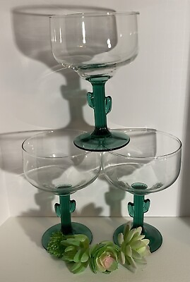 #ad Libbey Margarita Cactus Glasses Green Stem 12 Oz Set Of 3