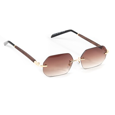 #ad Mens Brown Tint Wood grain Rimless Rectangular Luxury Hip Hop Stylish Sunglasses $10.99