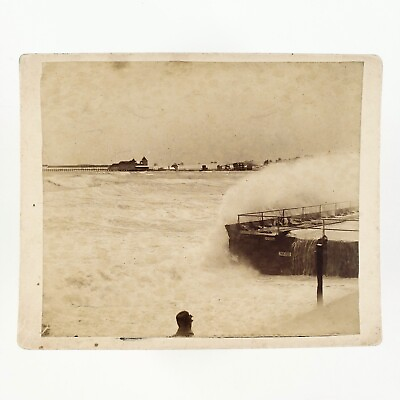 #ad Rough Sea Ocean Pier Photo c1905 Card Mounted Seaside Crashing Waves Dock A3297