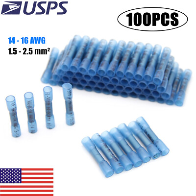 #ad 100Pcs 14 16AWG Blue Wire Butt Connectors Heat Shrink Waterproof Splice Terminal