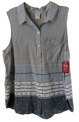 #ad Faded Glory Woman#x27;s Shirt XXL Gray Gradient Pencil Striped Button Up Sleeveless