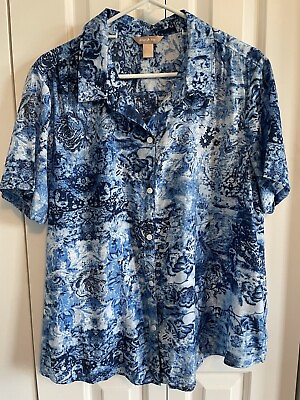 #ad White Stag Short Sleeve Button Front Collared Shirt Blue White Floral XXL 20