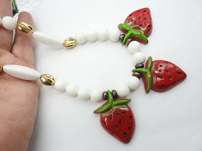 #ad Red Green Colored Resin Strawberry White Lucite Beaded Necklace Vintage
