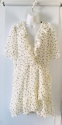 #ad ZARA DRESS Ruffled White Black DOTTED MESH PLEATED PLAYSUIT V Neck Size L #D11F