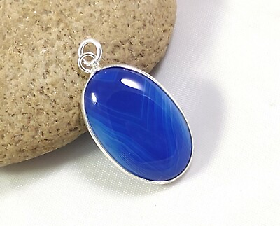 #ad Blue Banded Agate Gemstone Handmade Fashion Jewelry Silver Pendant P 599