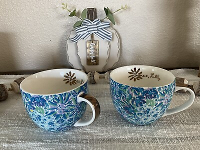 #ad Lilly Pulitzer Set Of 2 Blue Floral Gold Trim