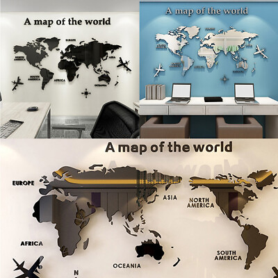 #ad Acrylic 3D World Map Wall Stickers Office Room Home Mural Background Decoration