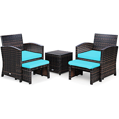#ad 5PCS Rattan Patio Furniture Set Chair amp; Ottoman Set w Turquoise Cushions