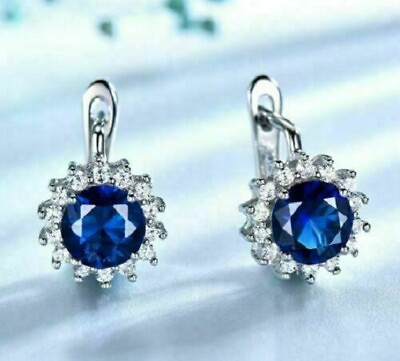 #ad 14K White Gold Plated 3Ct Round Cut Blue Sapphire Simulated Drop Dangle Earrings $89.18