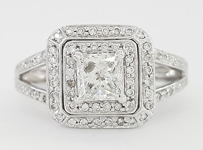 #ad Princess Diamond Double Halo Split Shank Engagement Ring 0.93 ct 14k White Gold