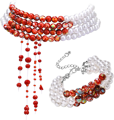 #ad Dripping Blood Pearls Necklace Bracelet Set 2 Piece Halloween Gothic Jewelry