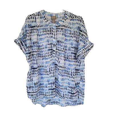 #ad Chico#x27;s Tunic Blouse Watercolor Pattern Womens M 2 Short Sleeve Blue White