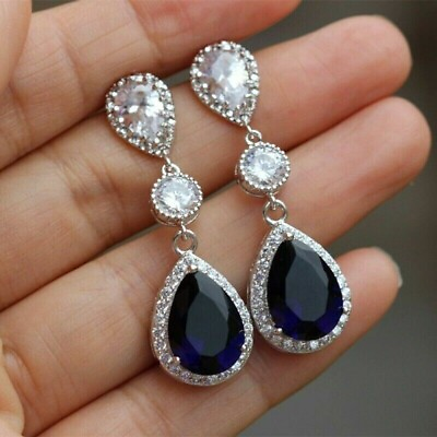 #ad White Gold 14k Over 3Ct Blue Pear Lab created Diamond Halo Dangling Earrings