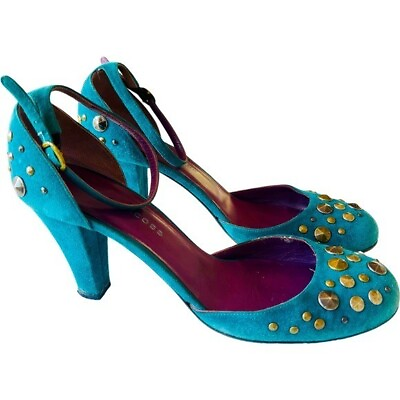 #ad MARC JACOBS Suede Studded Mary Jane Pumps in Turquoise Size 40