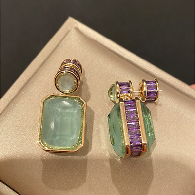 #ad Retro Women Peridot Green Jade Earrings Side Micro inlaid Purple Diamond Gift