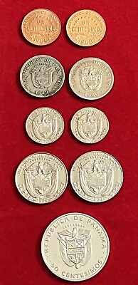 #ad Lot of 9 Republica de Panama Coins 1929 1975 VF Uncirculated $32.89