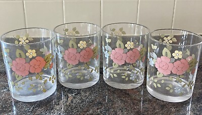 #ad Pfaltzgraff Tea Rose Plastic Acrylic Tumblers Short Glasses Drinking Cups Four