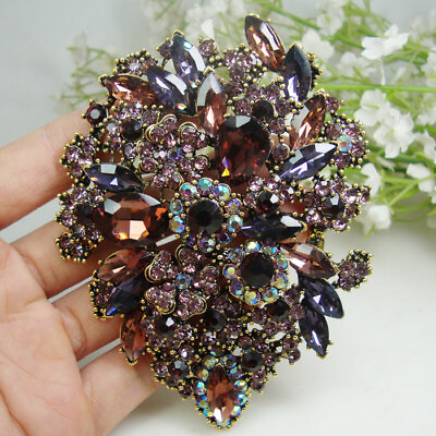 #ad 3.94quot; Purple Dual Droplets Flower Group Rhinestone Crystal Brooch pin Pendant
