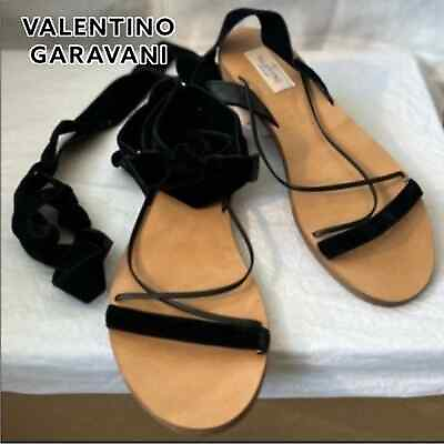 #ad VALENTINO GARAVANI NEW Black Velvet Lace Up Leather Flat Sandal 7
