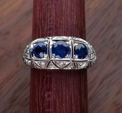 #ad 2.5Ct Art Deco Style Engagement Blue Sapphire Round Cut 925 Sterling Silver Ring