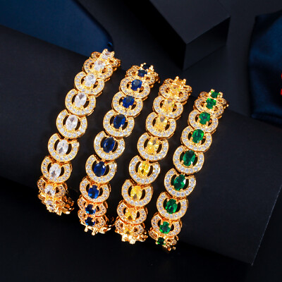 #ad Elegant Yellow Topaz CZ Ladies Round Chain Link Bracelets Bangle for Engagement