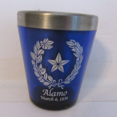 #ad Alamo shot glass steel foam rubber bottom pad blue plastic