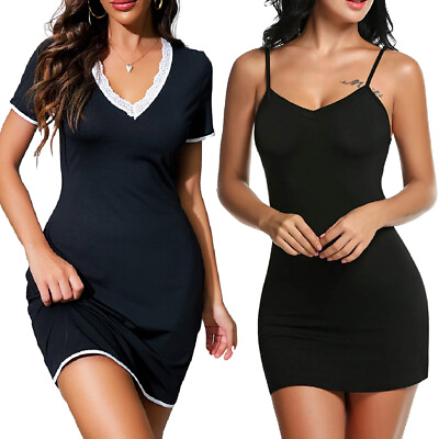#ad Women Sexy Nightwear Cotton Lace Sleepwear Babydoll Slip Short Sleeve Mini Dress