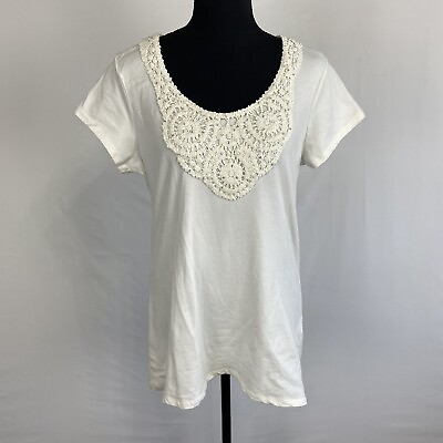 #ad RXB Shirt Top Womens Large Crochet Rhinestone Neck Tee White Short Sleeve NWT