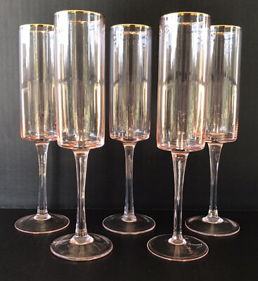 #ad Pink Glass Champagne Flutes 10” Tall Set Of 5 Glasses