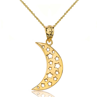 #ad Solid 10k Yellow Gold Dreaming Moon Crescent Stars Pendant Necklace