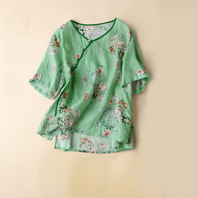 #ad Lady Chinese Retro Plus Size Cotton Linen T shirt Floral Print V Neck Soft Shirt