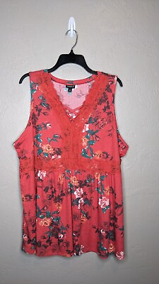 #ad Torrid Womens Plus Size 3 3X Red Floral Babydoll Jersey V Neck Lace Top