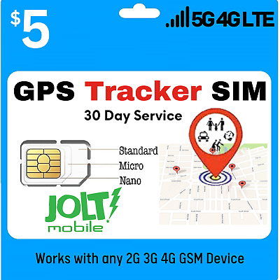 #ad Jolt Mobile $5 Preloaded GSM SIM Card for 5G 4G LTE GPS Trackers 30 Days Service