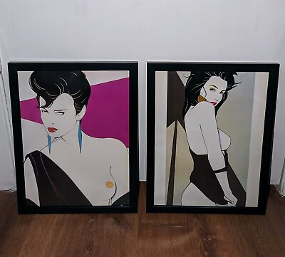 #ad Patrick Nagel Art Bookplate Prints of Women 1985 1980s two Framed Pictures
