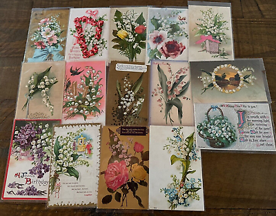 #ad Pretty Lot of 15 Antique Greetings Postcards w. Lily of the Valley Flowers h683