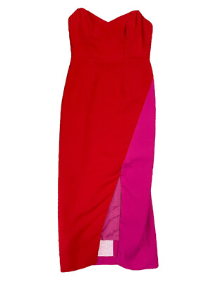 #ad Jill Stuart Dress Size 4 Red Pink Colorblock Sheath Strapless Midi