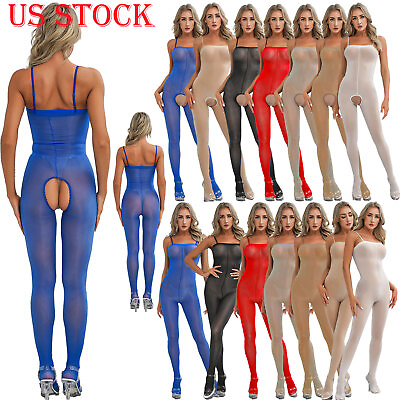 #ad US Womens Glossy Sheer Bodysuit Spaghetti Straps Jumpsuits Bodystocking Lingerie