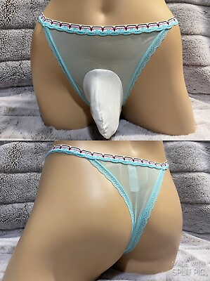 #ad L 28 38 Trans Women Men Sexy Pouch Panties Sissy Blue Sheer Lace Thong