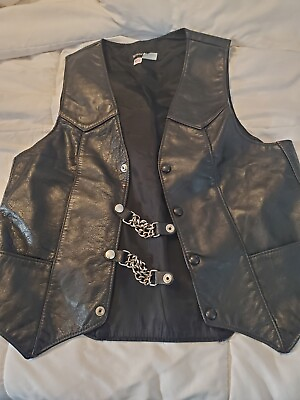 #ad Steer Brand Mens Leather Vest Sz M USA Acetate Satin Lining Pockets Snaps Chains
