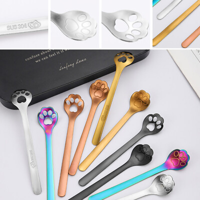 #ad 10Pcs Cute Cat Claw Spoon Set Small Teaspoon Coffee Spoon Stainless Steel Spoon