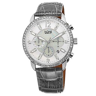 #ad New Women#x27;s Burgi BUR089GY Crystal Chronograph Grey Genuine Leather Strap Watch