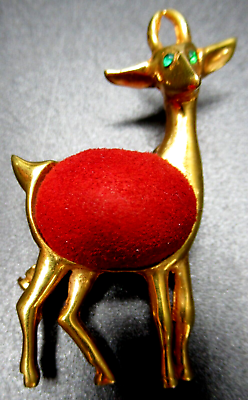 #ad FRANCE Red Velvet Pincushion Green Rhinestone Eyed Deer Vintage Pin Brooch