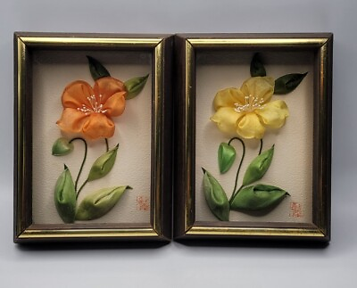 #ad Asako Japanese Silk Flower Display In Shadowbox Frames • Signed Labeled