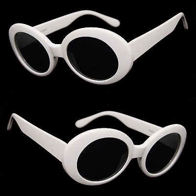 #ad Bold Retro Oval Mod White Thick Frame Sunglasses Dark Lens UV400
