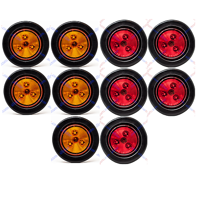 #ad 2quot; Round 3 LED Light Trailer Side Marker Clearance Grommetamp;Plug 5 Amber 5 Red