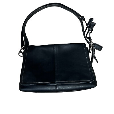 #ad Coach 10204 Black Leather Shoulder Bag Interior Exterior Pockets