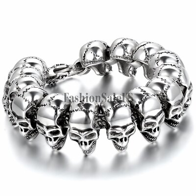 #ad Men#x27;s Heavy Stainless Steel Skull Head Skeleton Link Gothic Biker Cuff Bracelet