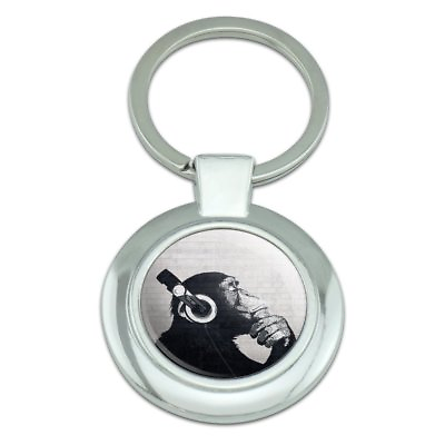 #ad Headphone Chimp Monkey Wall Classy Round Chrome Plated Metal Keychain $8.99