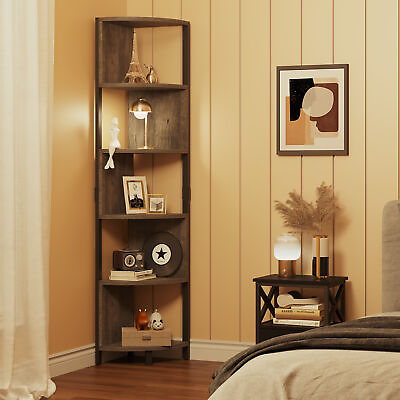 #ad 5 Tier Industrial Corner Bookshelf Modern Bookcase Display Rack with Open Shelf