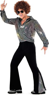 #ad Men`s Disco Dude Costume Wig Sunglasses Adult 1970s Dance Outfit Flares S 3XL